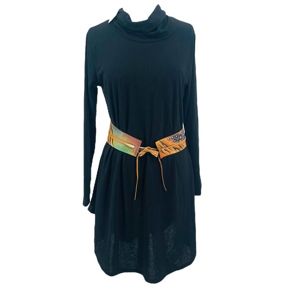 LINHUIER NEW Jersey Soft Long Sleeve Shift Tunic Turtleneck Dress Black Sz Large - Picture 1 of 11